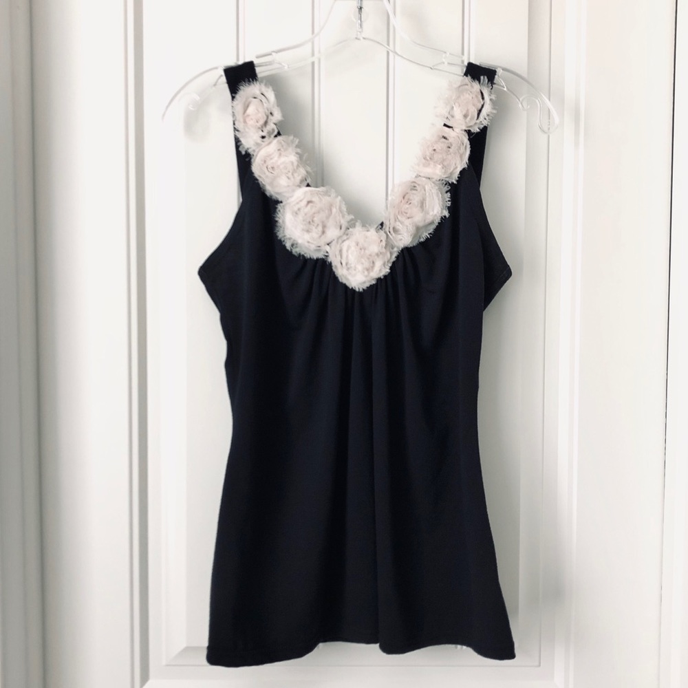 Romy Black Tank Top with Flower Neckline size S